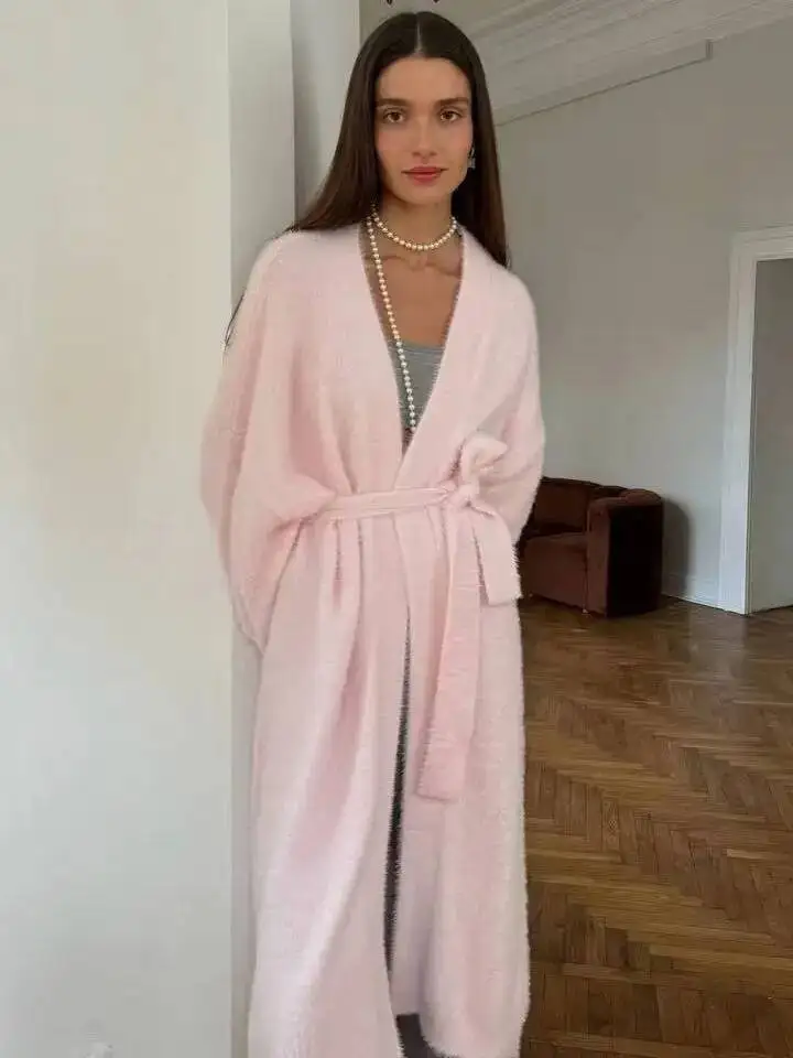 

Hirsionsan 2024 Soft Knitted Set Women Autumn Winter Casual Long Sweater Cardigan With Belt & Vest Midi Dresses Solid Tracksuit