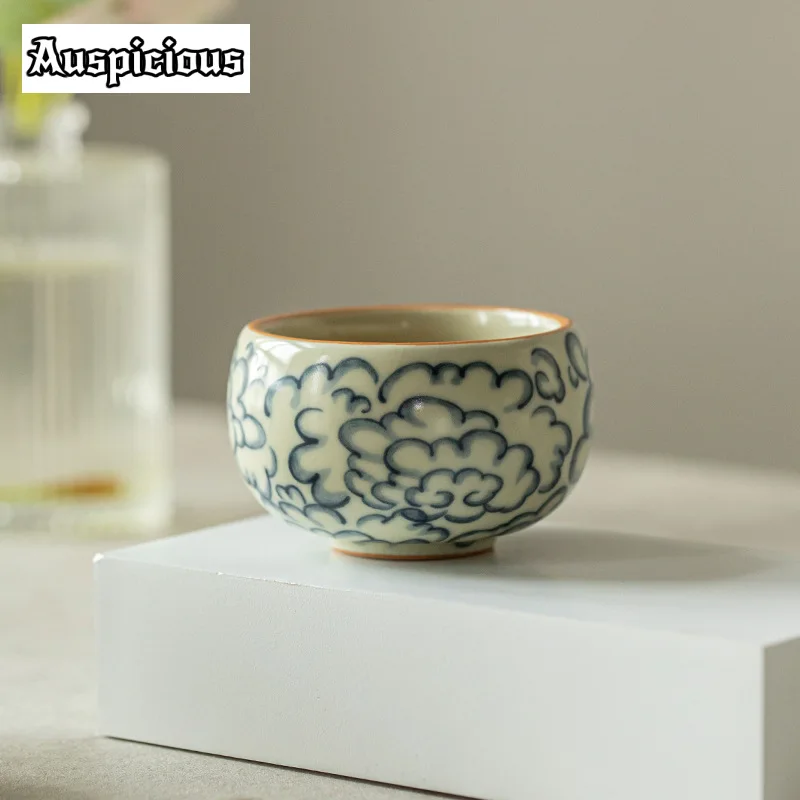 100ml Retro Ru Kiln Porcelain Tea Cup Opening Tasting Tea Bowl Cloud Petal Single Master Cup Puer Chazhan Household Kung Fu Set