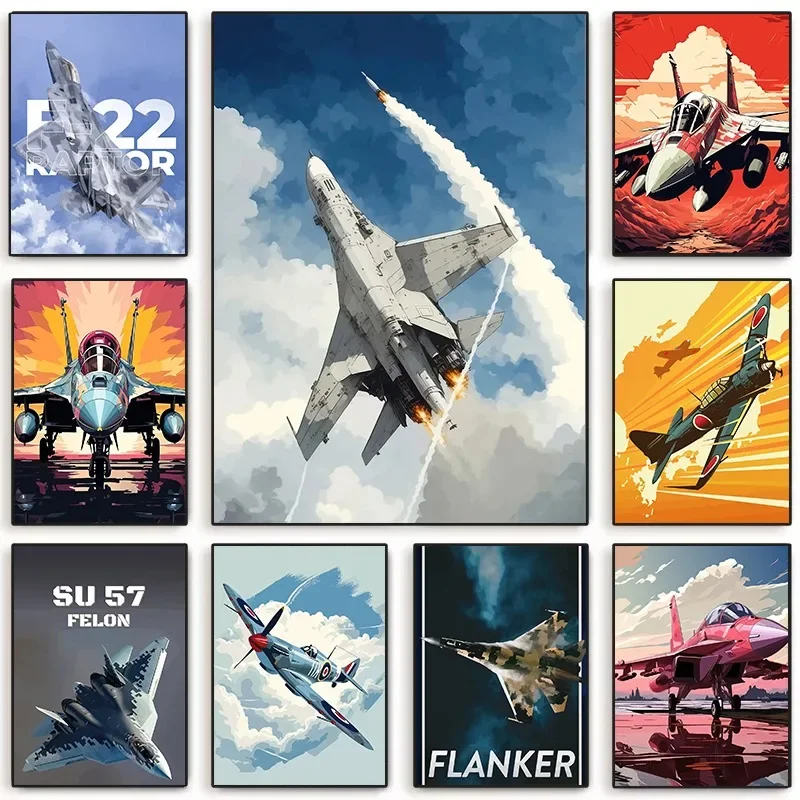 Vintage Fighter Jet Canvas Art Print F-22 Raptor SU-57 Felon Aviation Wall Decor Military Enthusiasts Living Room Man Cave De