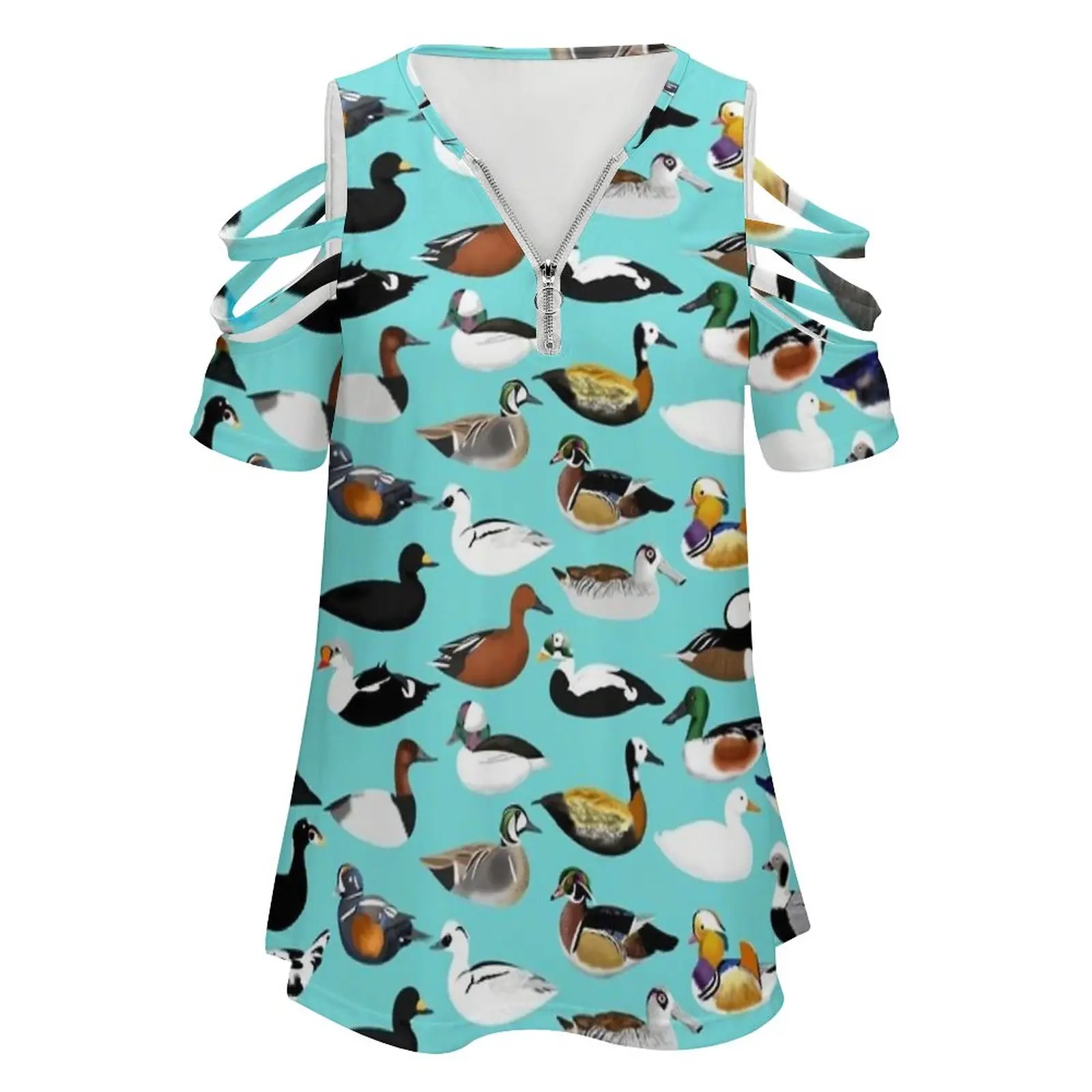 Duck Duck Women Zipper Sexy Printed Vintage T Shirts Tops Full Print T-Shirt Ducks Water Fowl Birds Mallard Scoter Teal Smew