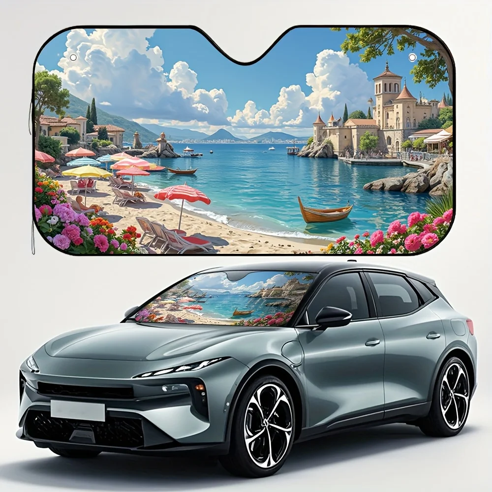 

1pc Sunny Coastal Town Car Sun Visor Magnetic Retention Sunshield For Car Washes Waterproof Design Vehicle Accessory Universal F