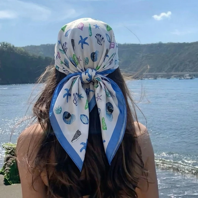 

Women Silk Feeling Square Scarf Ocean Seashell Starfish Print Bandana Soft Satin Neck Hair Scarf Head Wrap Beach Daily Wear Gift