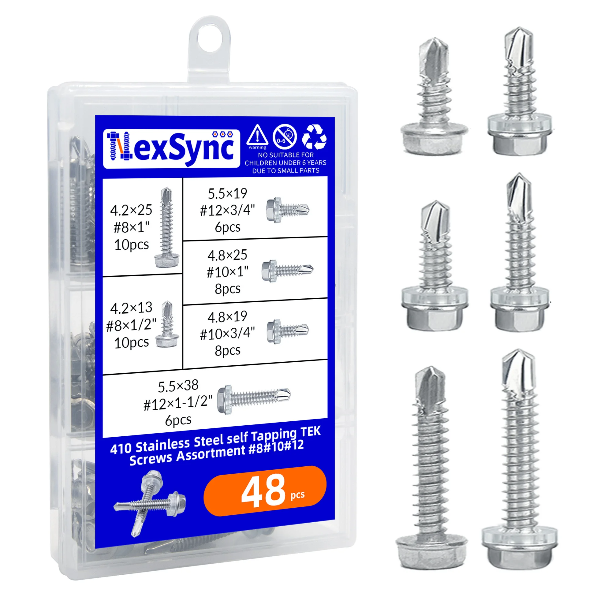 48PCS 410 stainless steel self Tapping TEKS crews Assortment #8#10#12 Hex Head Self Drilling Screws, Rust Proof Wood Screws