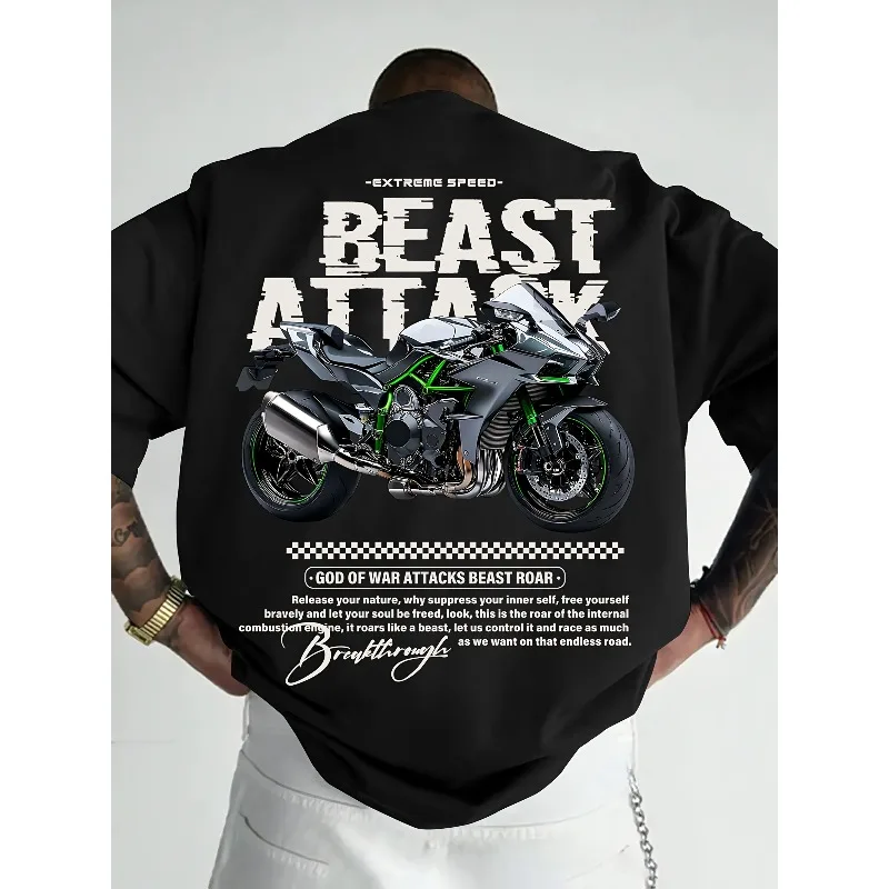 

Men's Casual Sports Street Style Y2K Event Motorcycle and Art Lettering Print T-shirt
