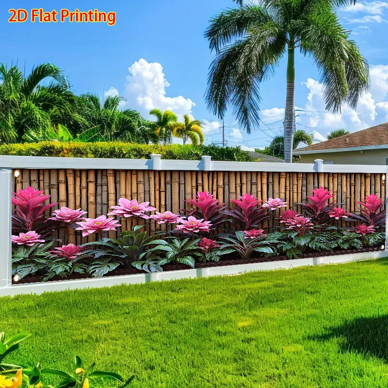 Summer Bamboo Wall and Red Flower Decorative Banner – Large Rectangular Garden Theme Backdrop for Indoor/Outdoor Decor