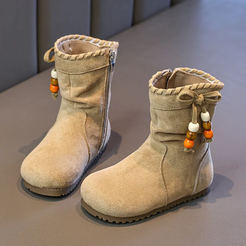 

Детские ботинки на плоской подошве для детей от 3 до 18 лет, туфли для девочек с кисточками и бантом, мягкие нескользящие детские кожаные ботинки до середины икры на четыре сезона