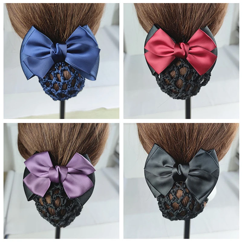 Nurse Stewardess Hair Accessories Bowknot Stripe Net Bun Hair Cover Women Barrette Net Bun Crochet Net Bun Snood