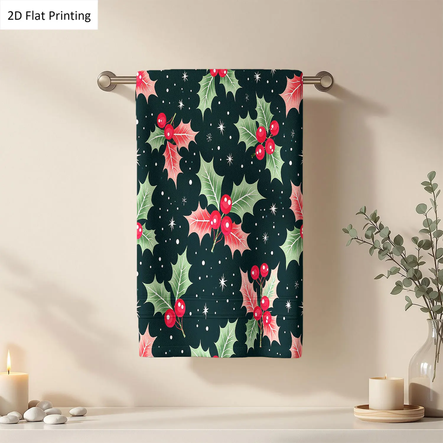 

1Pc Christmas Holly Berries Stars Dark Background Bathroom Hand Towel Bath Towel, Multiple Size Microfiber Polyester Towel, Unique Home Decorative Kitchen Towels, Festival Bathroom Accessories Decor, Quick Dry and Absorbent