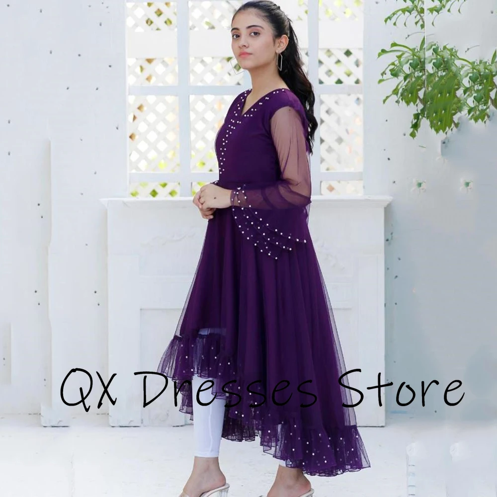 Customized Simple Purple Tulle Festival Dress A-line Beading V-neck Half Sleeves High-Low Length Formal Evening Party Prom Dress