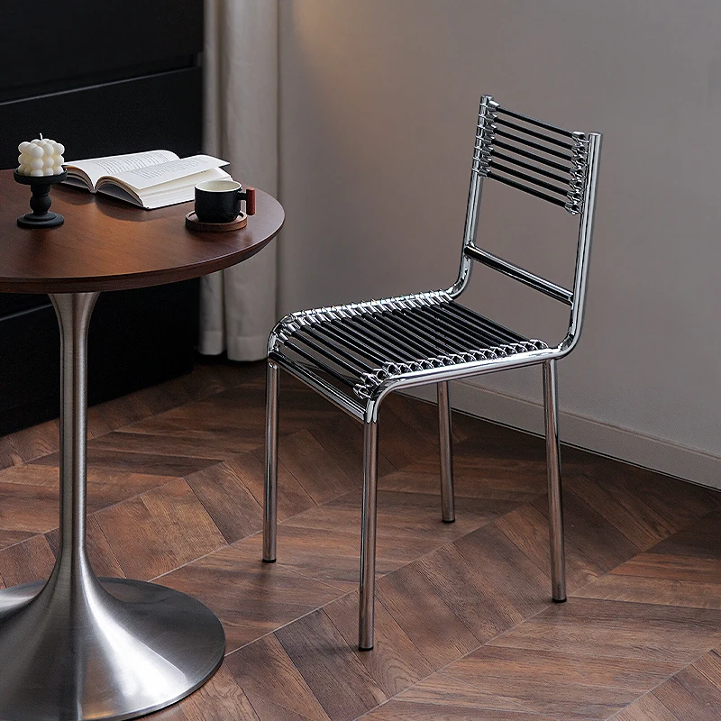 Mid-Century Dining Chair Stainless Steel Frame Elastic Nylon Rope Seat Back Spring Chair Stackable for Home Restaurant Small