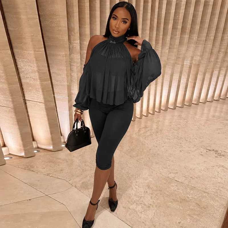 2 Piece Sets Sheer Mesh Cold Shoulder Long Sleeve Top and Matching Cropped Pants Sexy Fall Outfits Woman