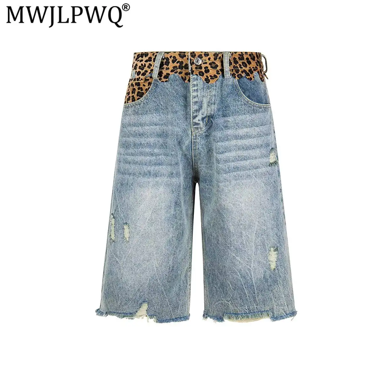 MWJLPWQ American Retro Tide Leopard Print Patchwork Washed Distressed Denim Shorts Loose Straight Mid-Length Wide-Leg Pant 20040
