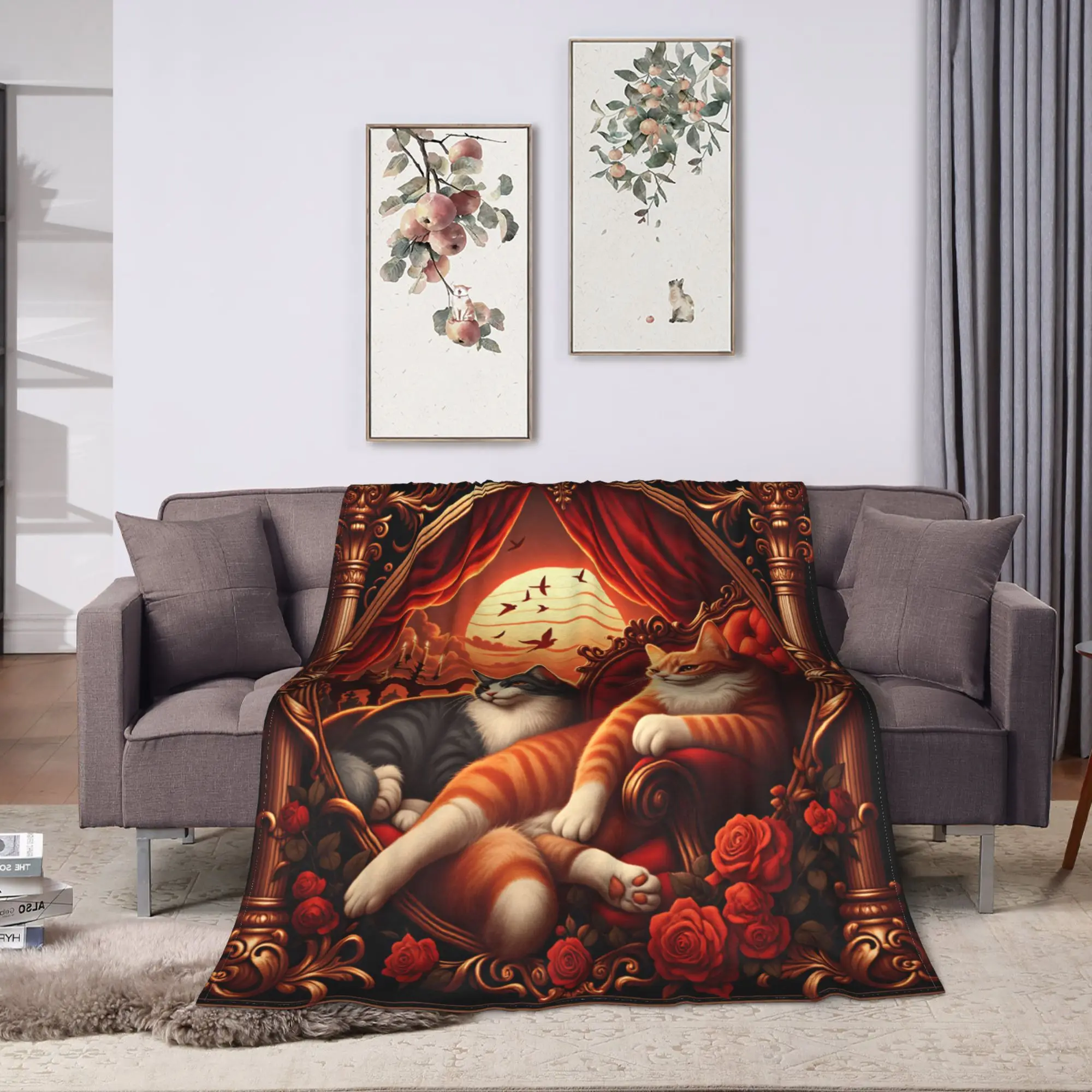 Two cats chilling Photographic Print Blanket Autumn  Super Soft Throw Blanket For Adults Living Room Flannel Bedspread Bed Cover