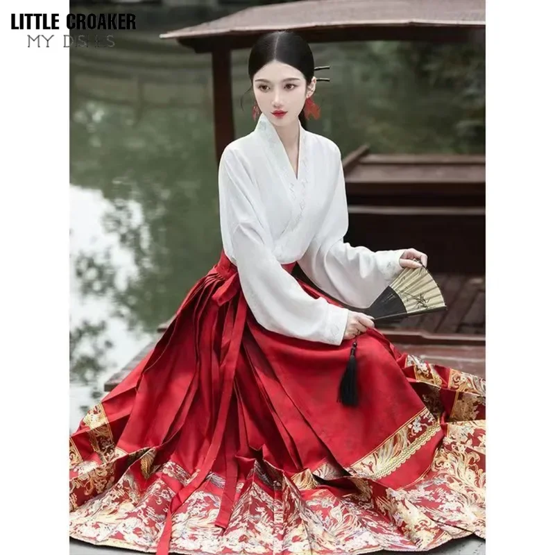 

Новая повседневная китайская юбка Hanfu Han Fu, красная улучшенная женская юбка Hanfu на шнуровке с конским лицом, комплект Mamianqun в китайском стиле