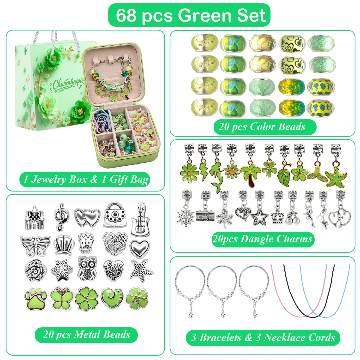 68pcs Green Beads Charms Bracelet Making Kit, St. Patrick’s Day DIY Beaded Bracelet Necklace Making Box, Christmas Birthday Gift