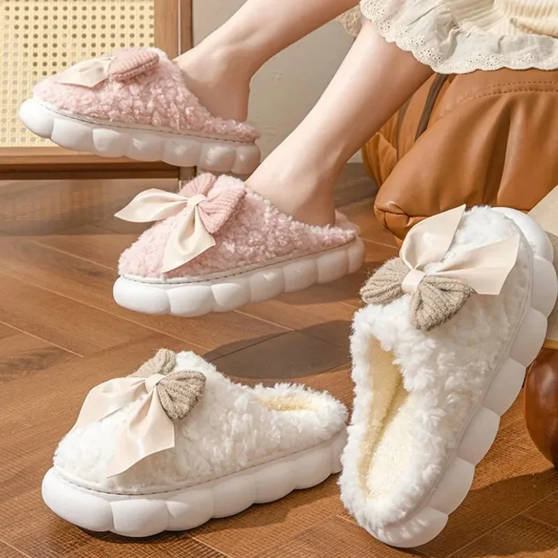 

Winter Warm Fur Slippers for Women Cute bow House Non Slip Soft Shoes Comfort Flat Heel Home Indoor Bedroom Plush Slippers