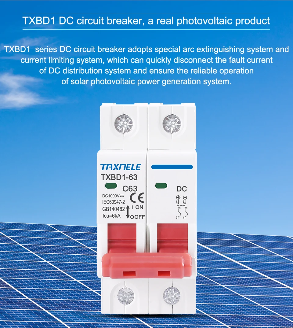 2P DC 1000V Solar Mini Circuit Breaker Batterie Schalter 6A 10A 16A 20A 25A 32A 40A 50A 63A DC MCB für Photovoltaik PV System – Detail 4