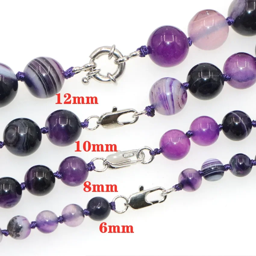 WUBIANLU 6-12mm Natural Stone Purple Agates Pink Onyx Stripe Round Beads Necklace Women Jades Findings Wholesale