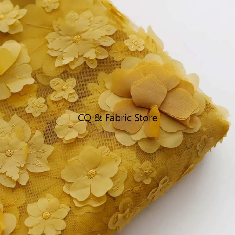 

Yellow 3D Embroidered Floral Mesh Lace Fabric for Wedding Dresses, Cheongsams, and Designer Apparel By The Yard