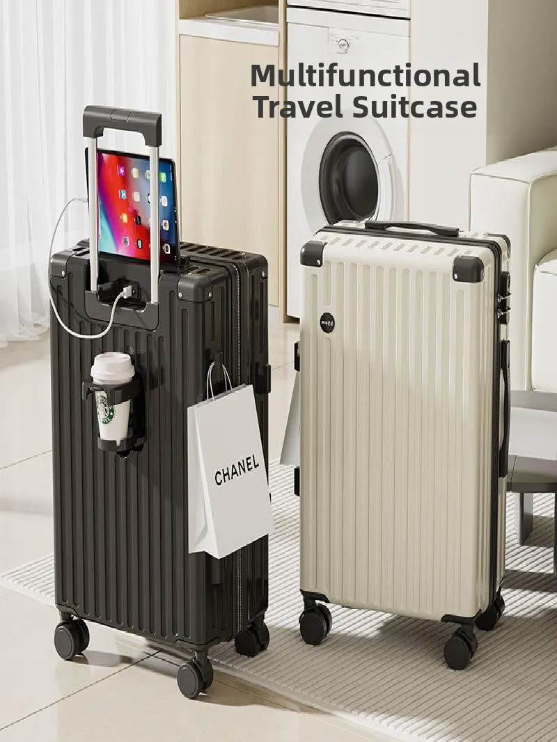 新型20インチカジュアル旅行スーツケース-静音カップホルダー付き-パスワードロック式-abs-pc素材-ユニバーサルホイール-伸縮ハンドル
