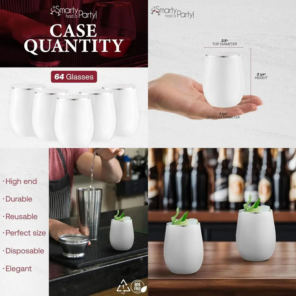 

12 oz Elegant Silver Stemless Plastic Wine Glasses, Disposable Drinkware for Parties