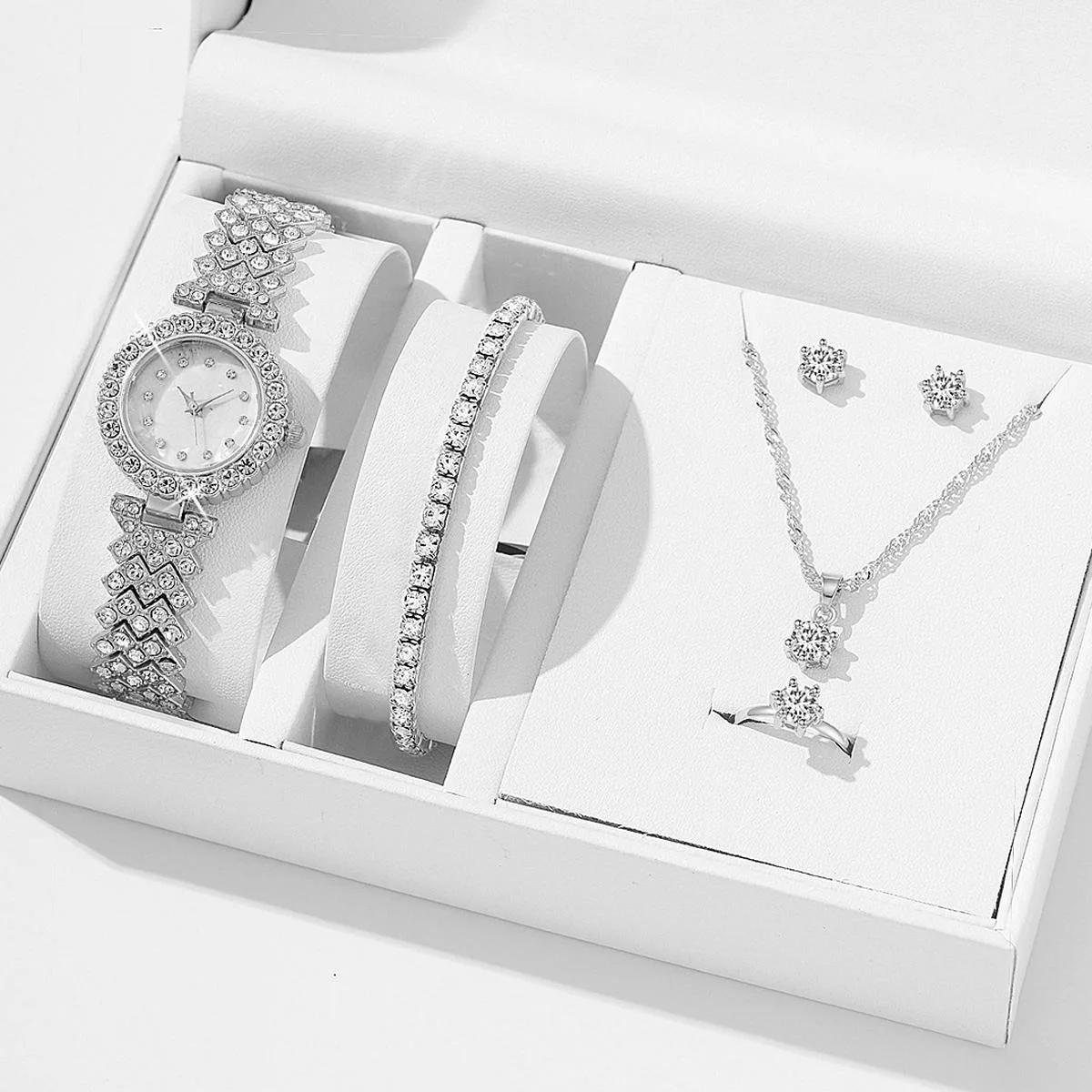 

Luxury Women Quartz Watch with Diamonds Simple Stainless Steel Strap Clock Ring Necklace Earrings Rhinestone Set Reloj (no Box)