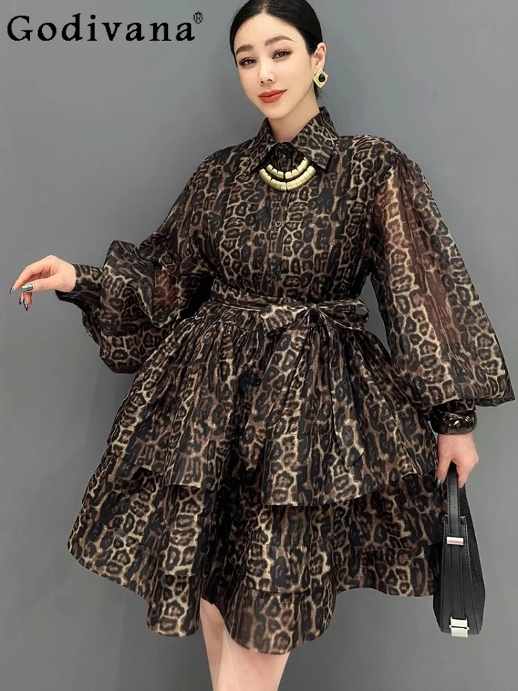 

2025 Summer European Retro Lace-up Bow Print Ruffles Cake Dress Elegant Girls Fashion Versatile Long Sleeve High Waist Dresses