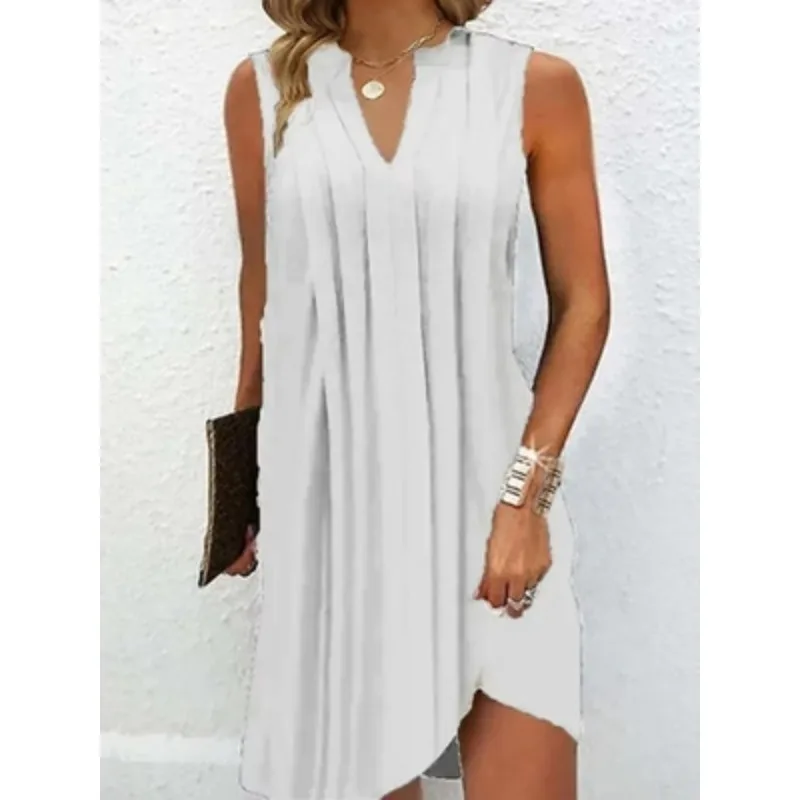 Summer new hot V-neck pleated sleeveless vest solid color dress woman