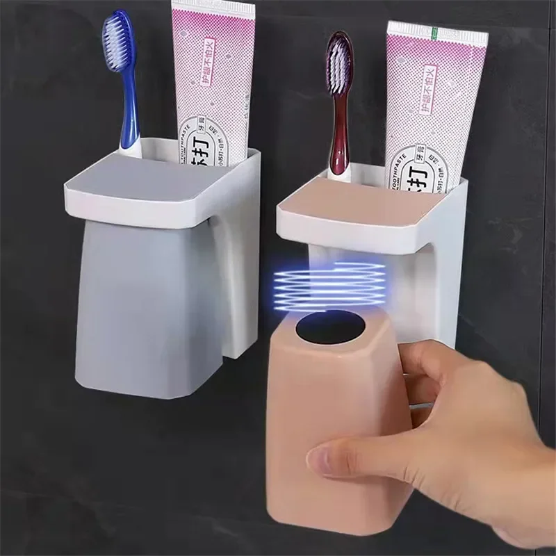 Toothbrush Holder Magnetic Suction Wall Hanging Non Perforated Seamless Mouthwash Cup Set Couple Home Bathroom Storage Rack