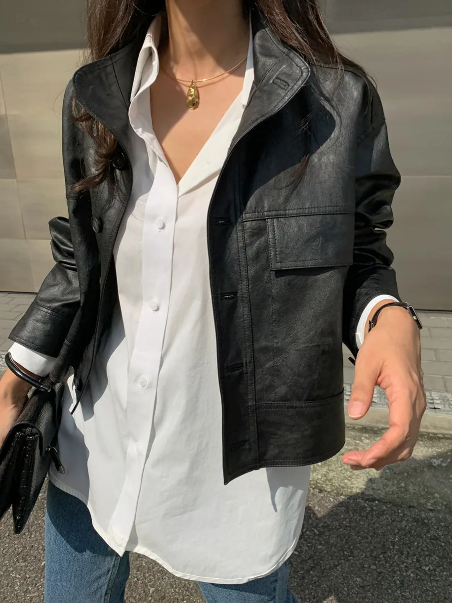 Chic Simple Autumn Long Sve Stand Collar Single Button Loose Casual Biker Jaet Outerwear Versatile Open Cardigan Leather...