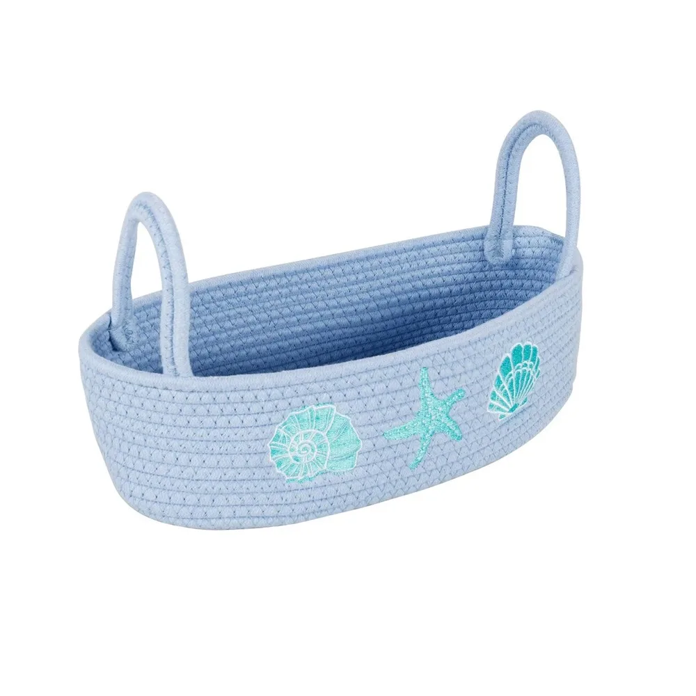 Oval Cotton Rope Storage Basket Shell Starfish Embroidery Ocean Style Woven Cotton Rope Organizer Decorative with Handle