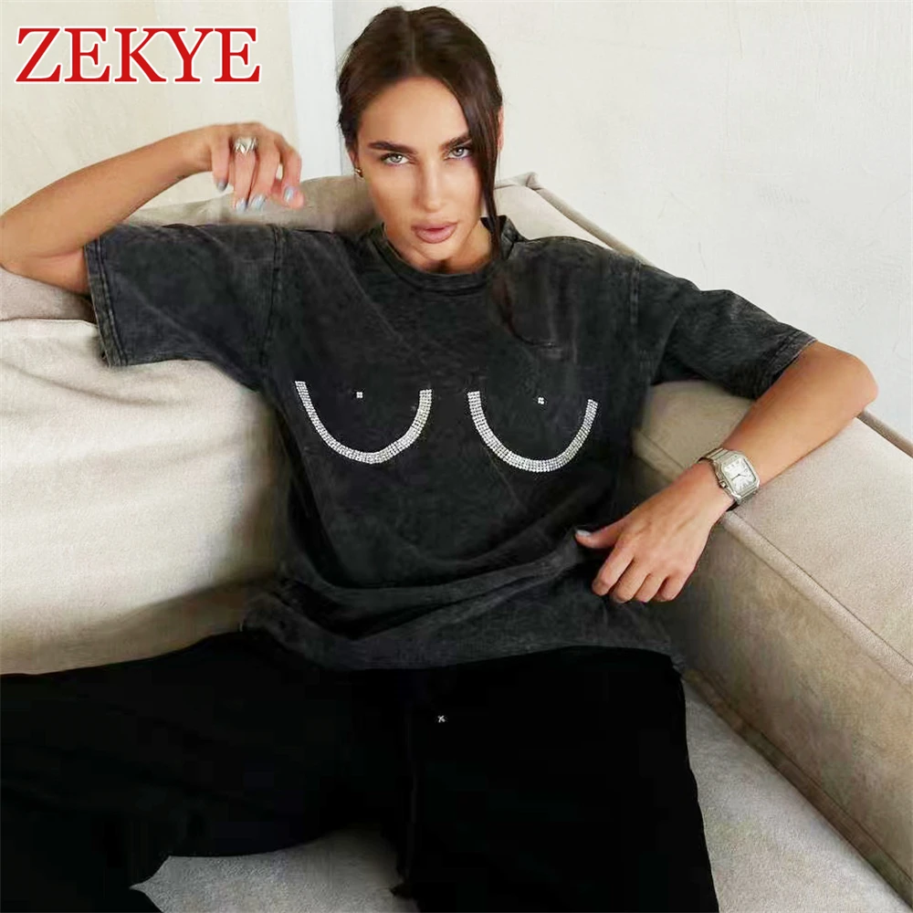 Zekye Rhinestone Loose Streetwear Tshirts Femme Distressed Grey Retro Casual Top Pullover Basic Tee Shirt Women Aesthetic Y2K