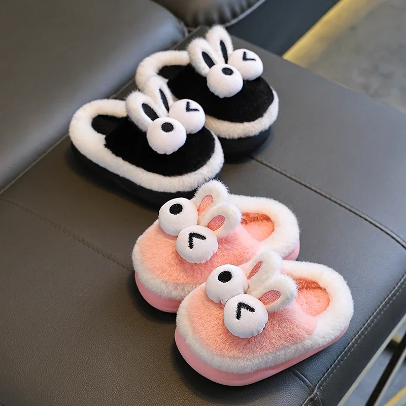 New Winter Warm Cute Cartoon Big Eyes Indoor Mule Soft Non-slip Kids Fluffy Slippers For Girls Boys Children Home Cotton Shoes