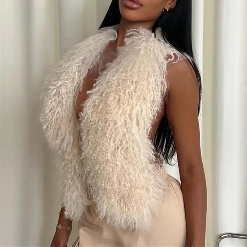 Real Mongolian Fur Vest White Black Fluffy Fashion Sexy Luxury V-Neck Backless Sleeveless Jacket Top Outerwear Coat 2025