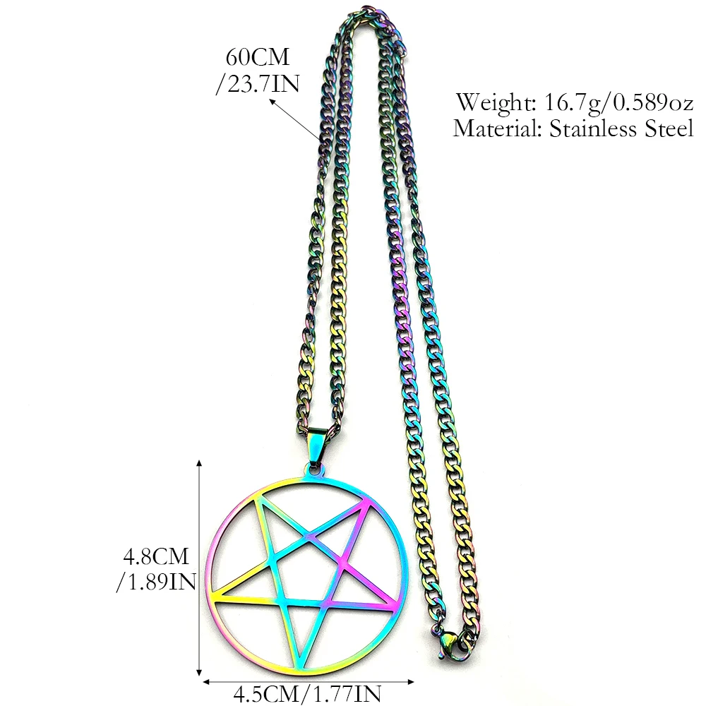 Retro Hexerei Pentagramm Anhänger Halskette für Damen und Herren, Edelstahl Regenbogenfarben Glücksbringer Punk Männerkette Schmuck Geschenk – Detail 3