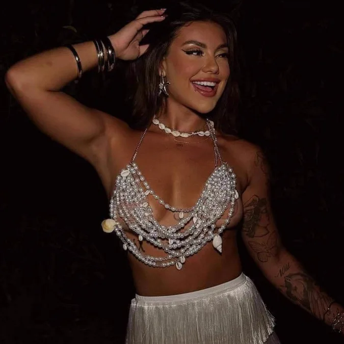 Luxury Shell Tassel Plastic Pearls Breast Chain Bikini Crop Tops Women Buster Bra Jewelry Dance Show Night Clubwear Body Chains