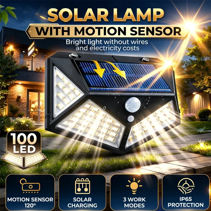 1-4 Unidades de Lámparas Solares de Pared con 100 LED, 3 Modos, Luz de Seguridad con Sensor de Movimiento para Exteriores, Impermeable, para Jardín, Patio, Garaje