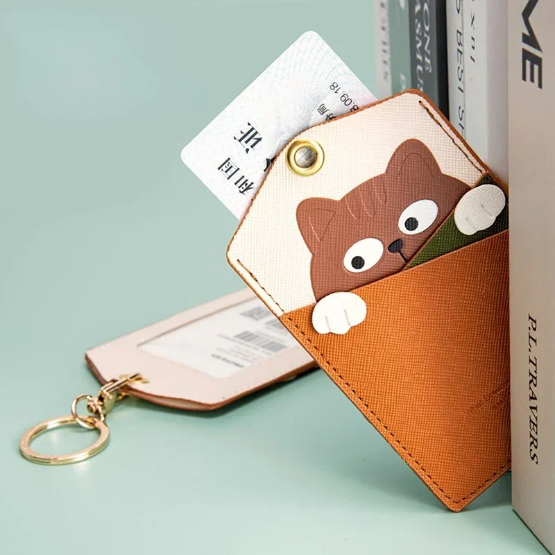 Cute Animal Card Holder Pu Keyring Work Card Package Key Holders Poodle Keychain ID Protection Cover Elevator Card Pendant