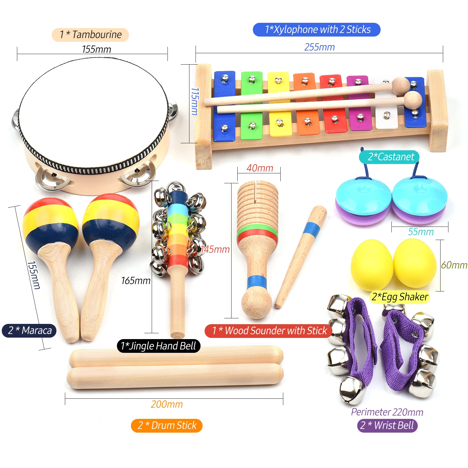13 pçs crianças instrumentos musicais brinquedos com saco de transporte instrumentos de percussão de madeira colorida educação precoce presentes para crianças