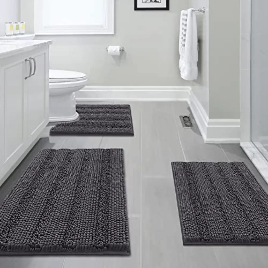 

3 Pcs Bathroom Rugs Sets Thick Striped Bath Rugs Set for Bathroom Non Slip Soft Absorbent Bath Mat Set for Tub Shower and Toile