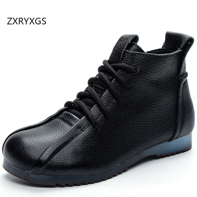 

ZXRYXGS Cross Strap Side Zipper Full Genuine Leather Boots Autumn Winter Women Boots Flat Soft Comfortable Trendy Boots New 2025