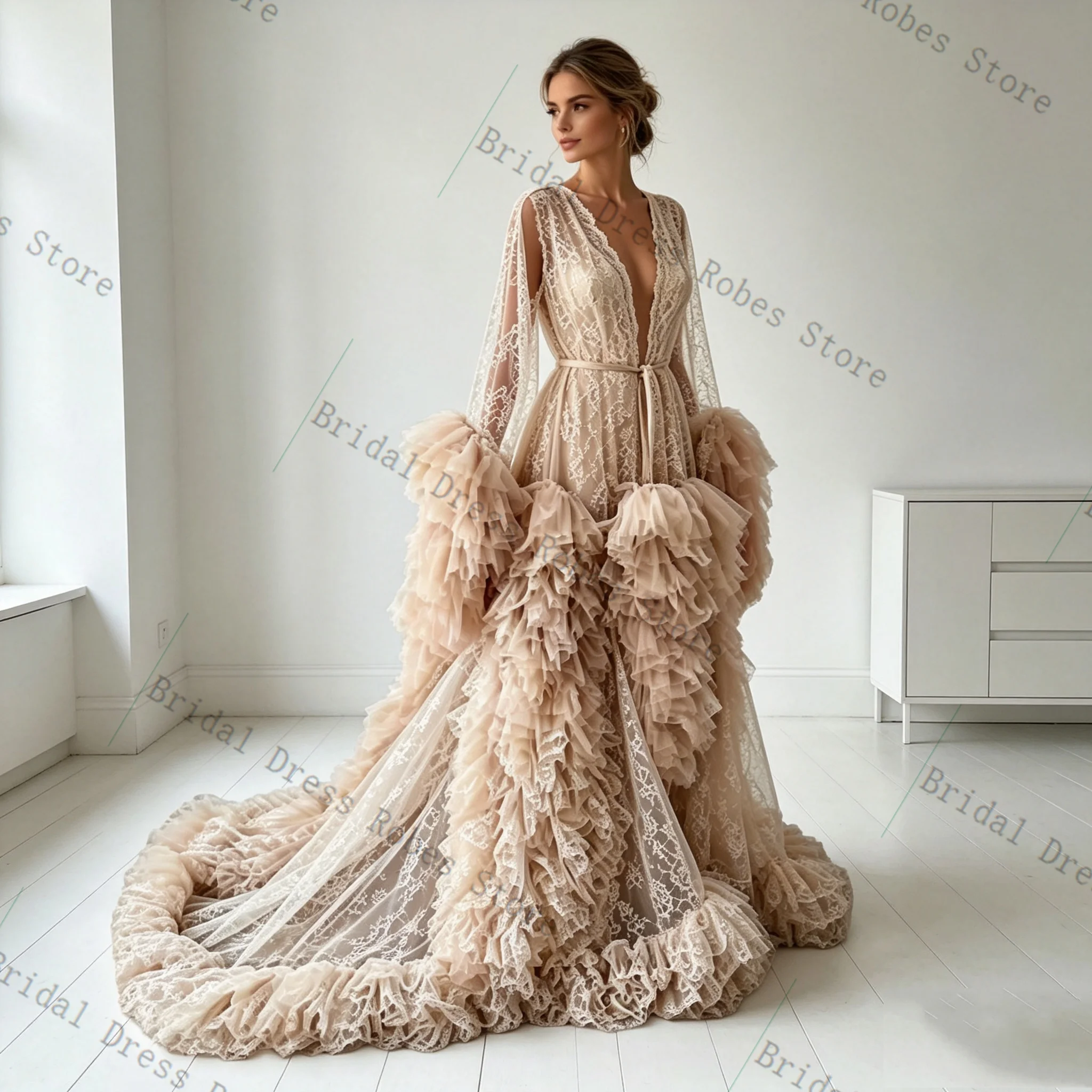 

Khaki Lace Tulle Women Prom Dress For Photoshoot Formal Sexy V Neck Pleated Long Bridal Morning Robe Customized Night Gown