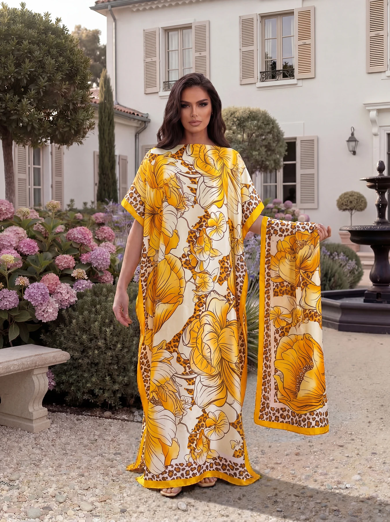 Tropical Floral Leopard Print Satin Abaya Scarf Set, Loose Batwing Maxi Kaftan For Muslim Women Summer Beach Vacation Wear view 4