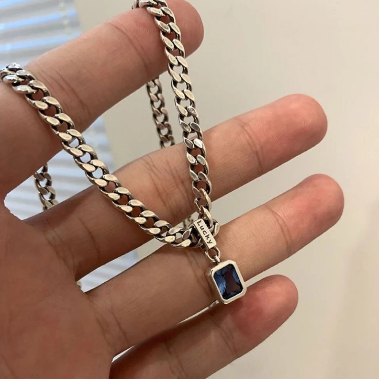 Sterling Silver Plated Copper Cross Chain Necklace with Geometric Persian Gulf Sea Blue Alloy Pendant • Fresh Sweet Style • Wome
