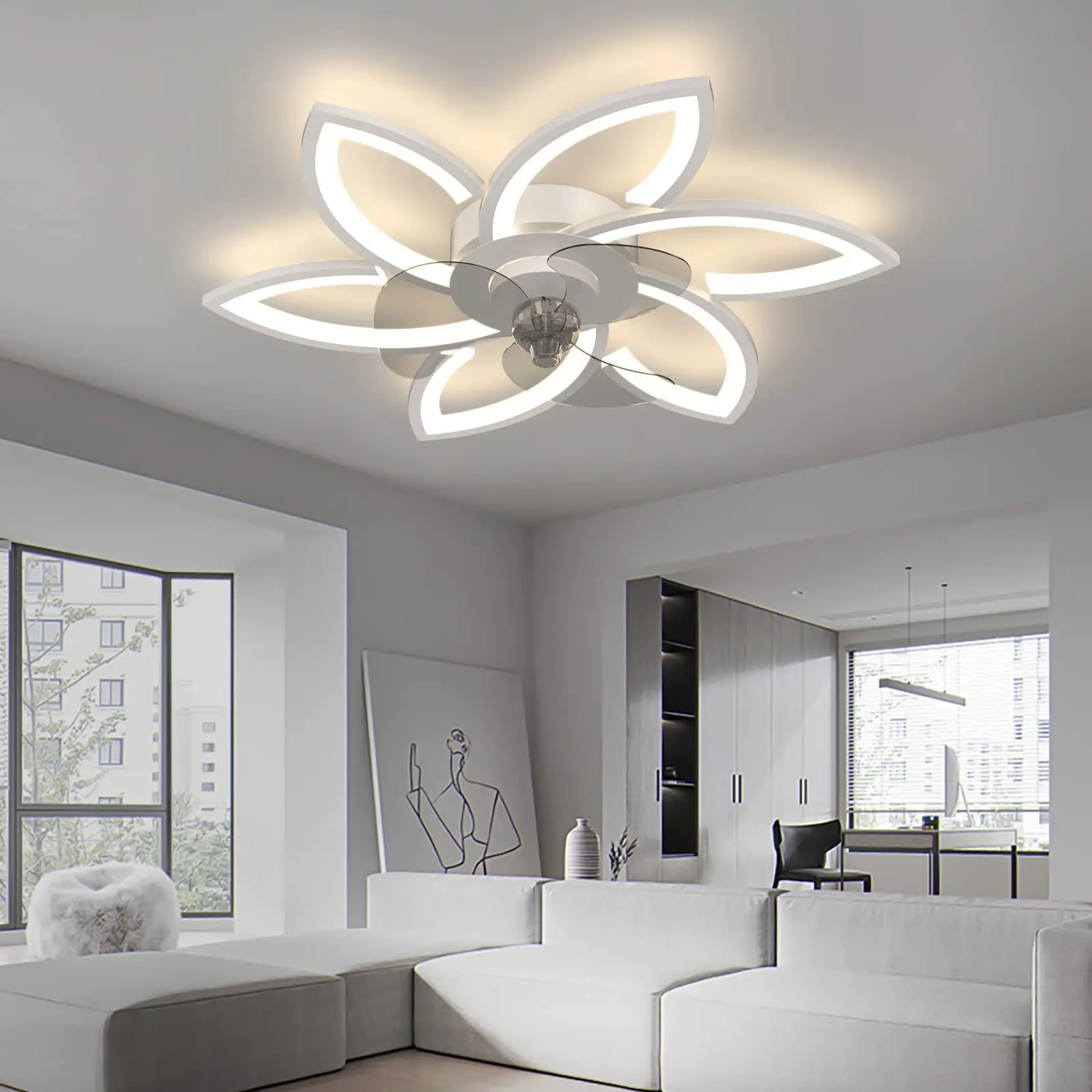 Nova flor led ventilador de teto lâmpada com controle remoto velocidade ajustável regulável balançando cabeça luz teto para sala estar quarto