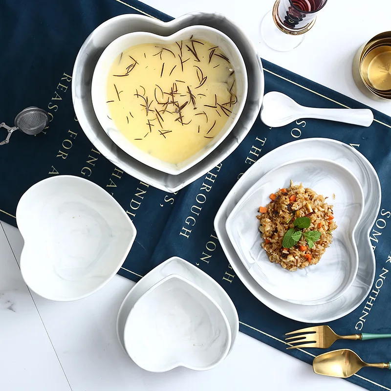 Marble Heart Shape Dinner Plate Bowl Spoon Set Food Dessert Salad Soup Ramen Noodle Bowl Dish Tray Ceramic Crockery Dinnerware