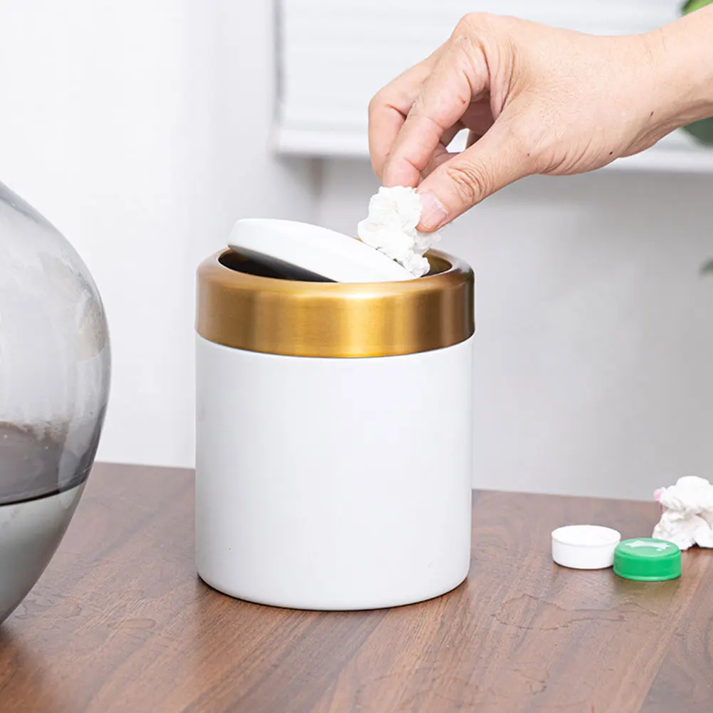 

Mini Trash Can Stainless Steel White Black Round Flip Lid Bedroom Kitchen Bathroom Waste Basket Counter Top Storage Bin