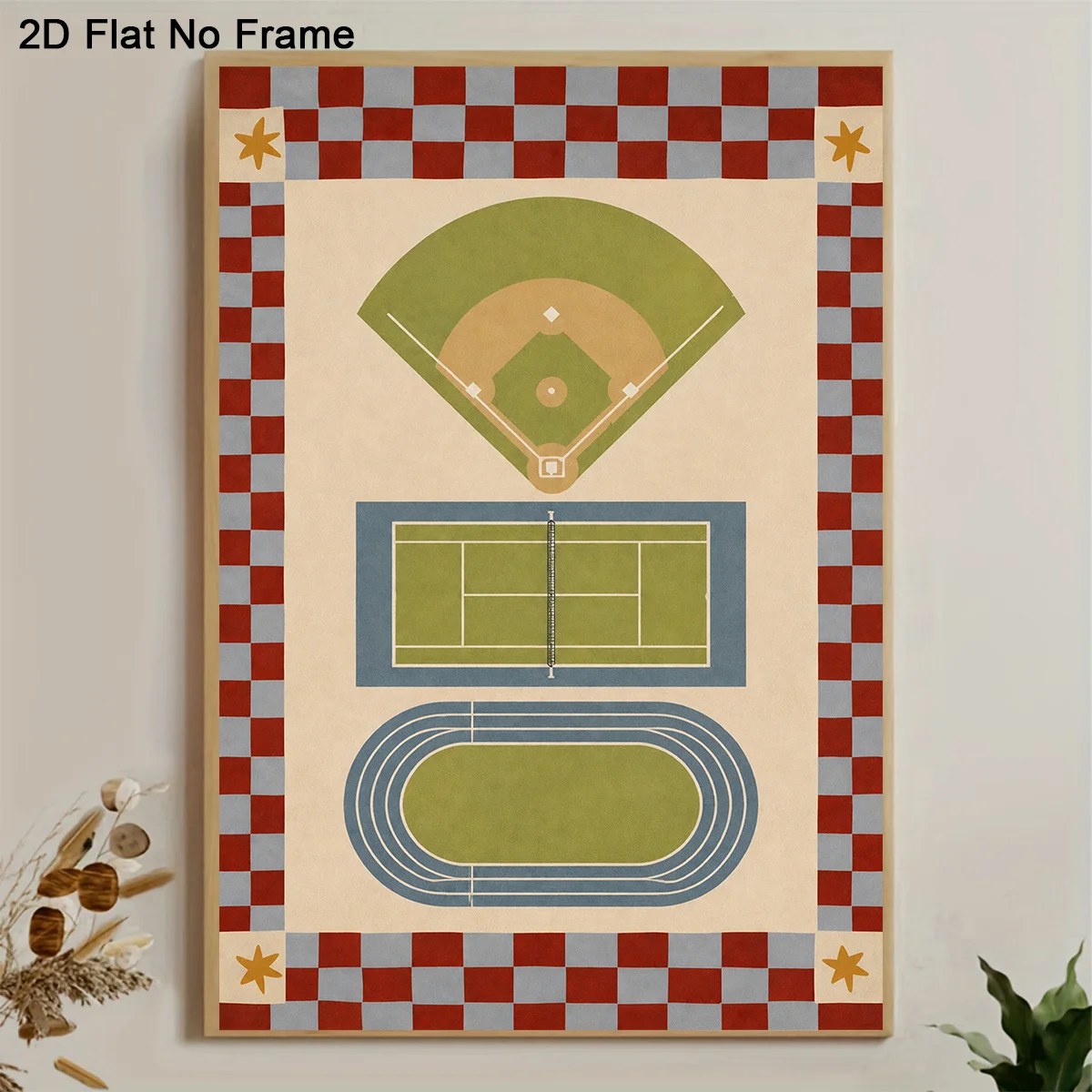 2D Flat, 2D Flat 1pc Frameless Canvas Poster Geometric Sports Field Art Design Baseball Court Track and Tennis Playground wit