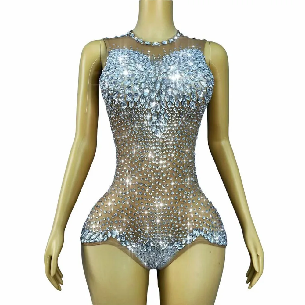 Body en maille nue pour femmes, strass argentés scintillants, Sexy, fête d'anniversaire, défilé de mode, tenue de scène, Costume de séance photo