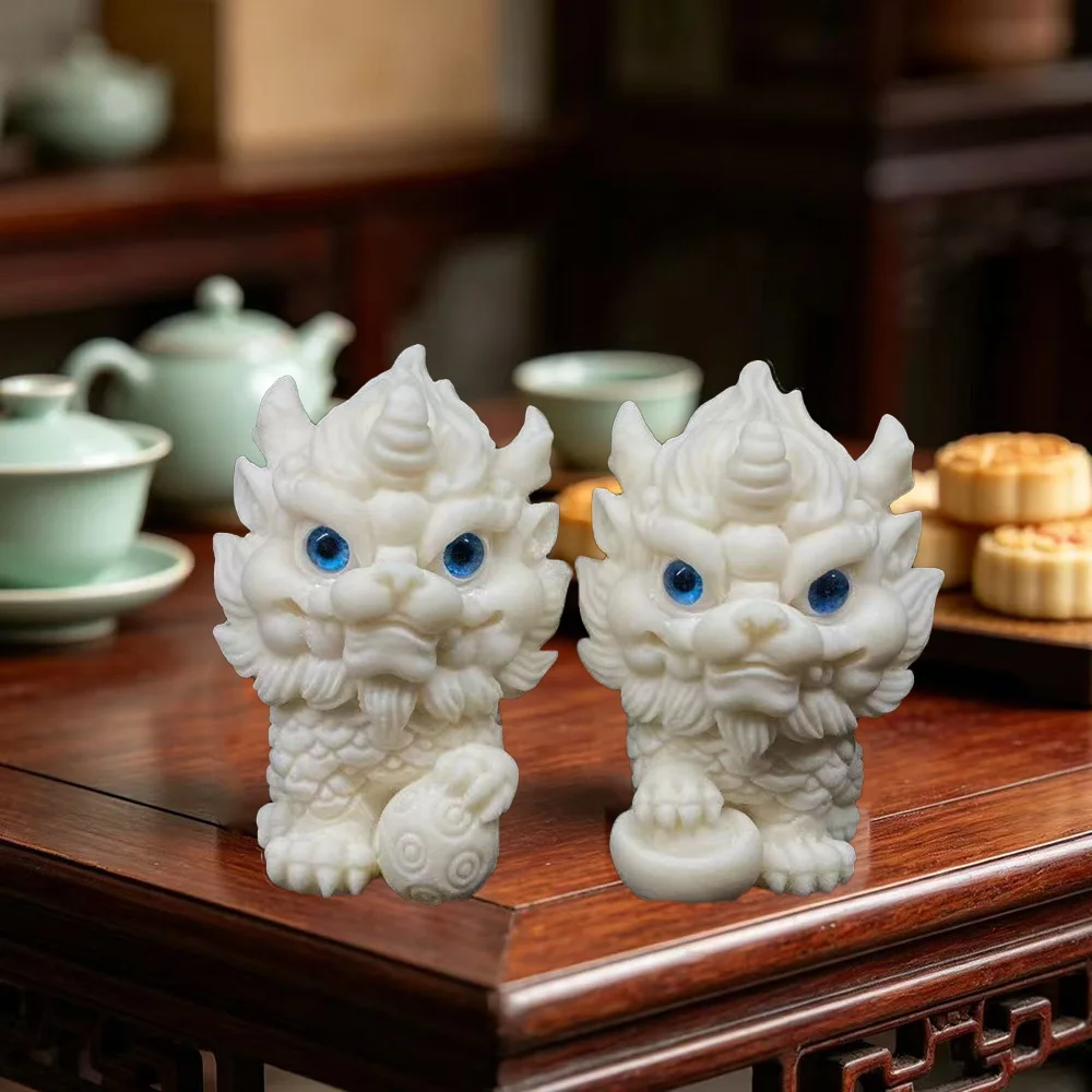 2Pcs Lucky Kylin Statues Feng Shui Ornaments Imitation Ivory for Home Office Car Decor Wealth Blessing Miniature Figurines Gift